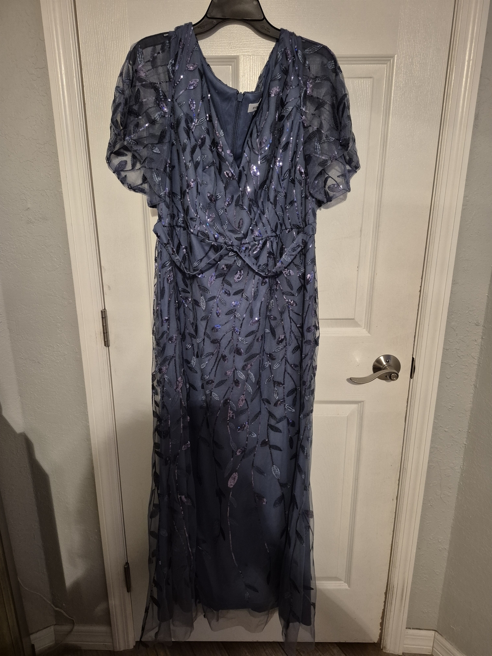 Ever Pretty Slate Blue Sequined Leaf Lace V-Neck Wedding Guest Dress